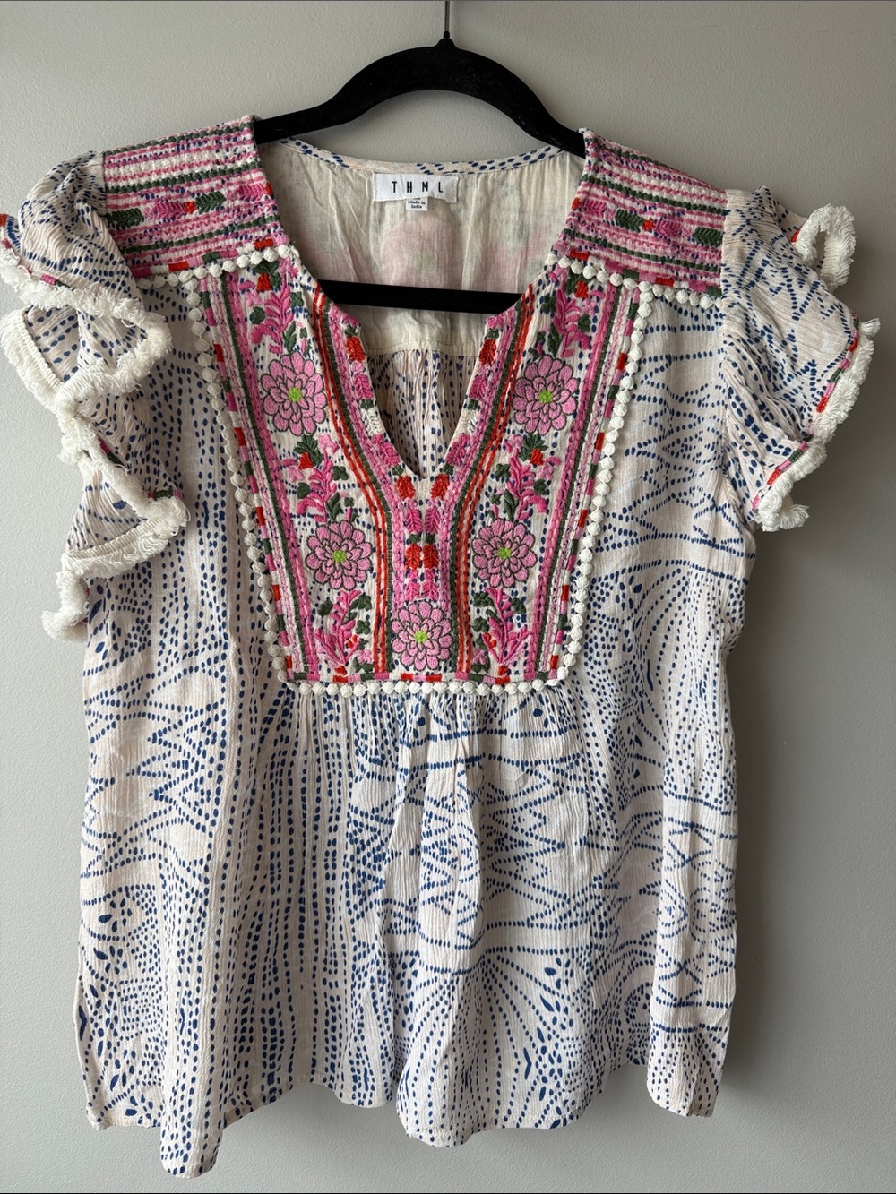 THML White Boho Embroidered Flutter Sleeve Blouse with Pink Accents